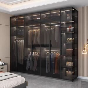 Anodized black aluminum glass wardrobe frame profiles assembled into a minimalist sliding closet door
